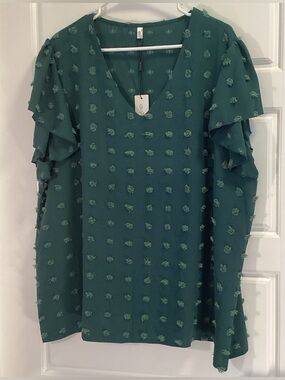 Green Swiss Dot Ruffle Sleeve Blouse Career.